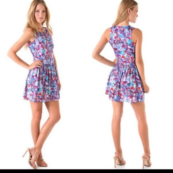 THEORY | Silk dress Achi Perplexing Watercolor red blue sz 6 - Picture 2 of 7